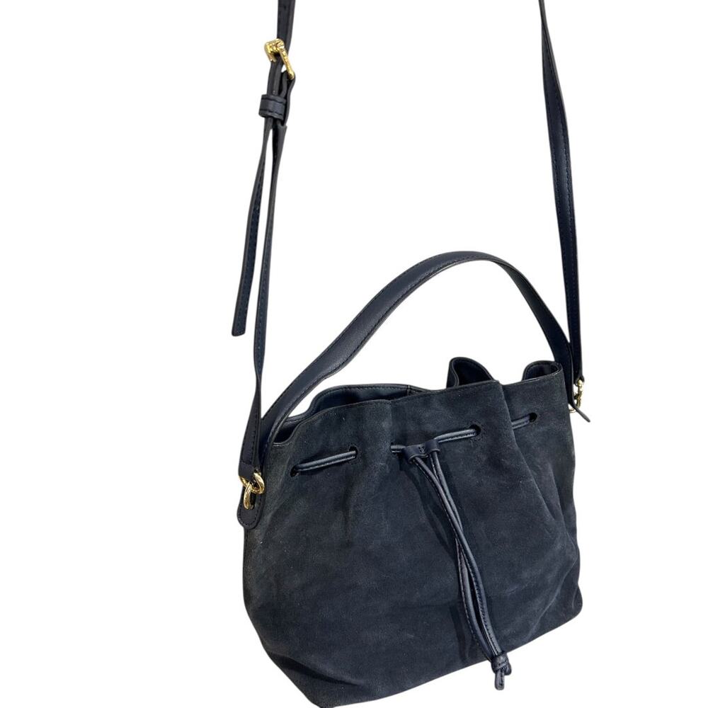 Talbots Blue Suede Drawstring Bucket Bag Purse Top Handle and Strap - Picture 8 of 13